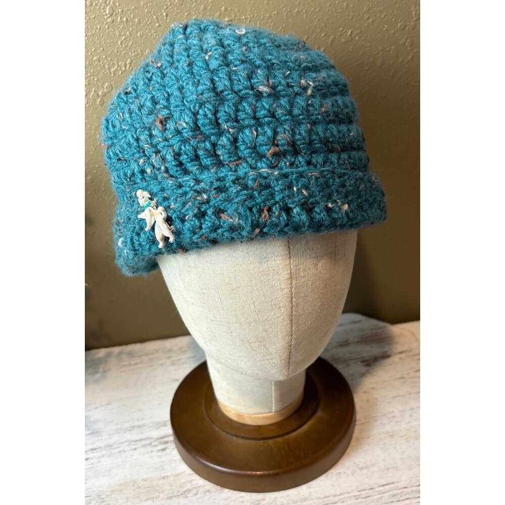 Handmade Teal Crochet Hat With Speckled Design & Adorable Poodle Pin Accent - Co